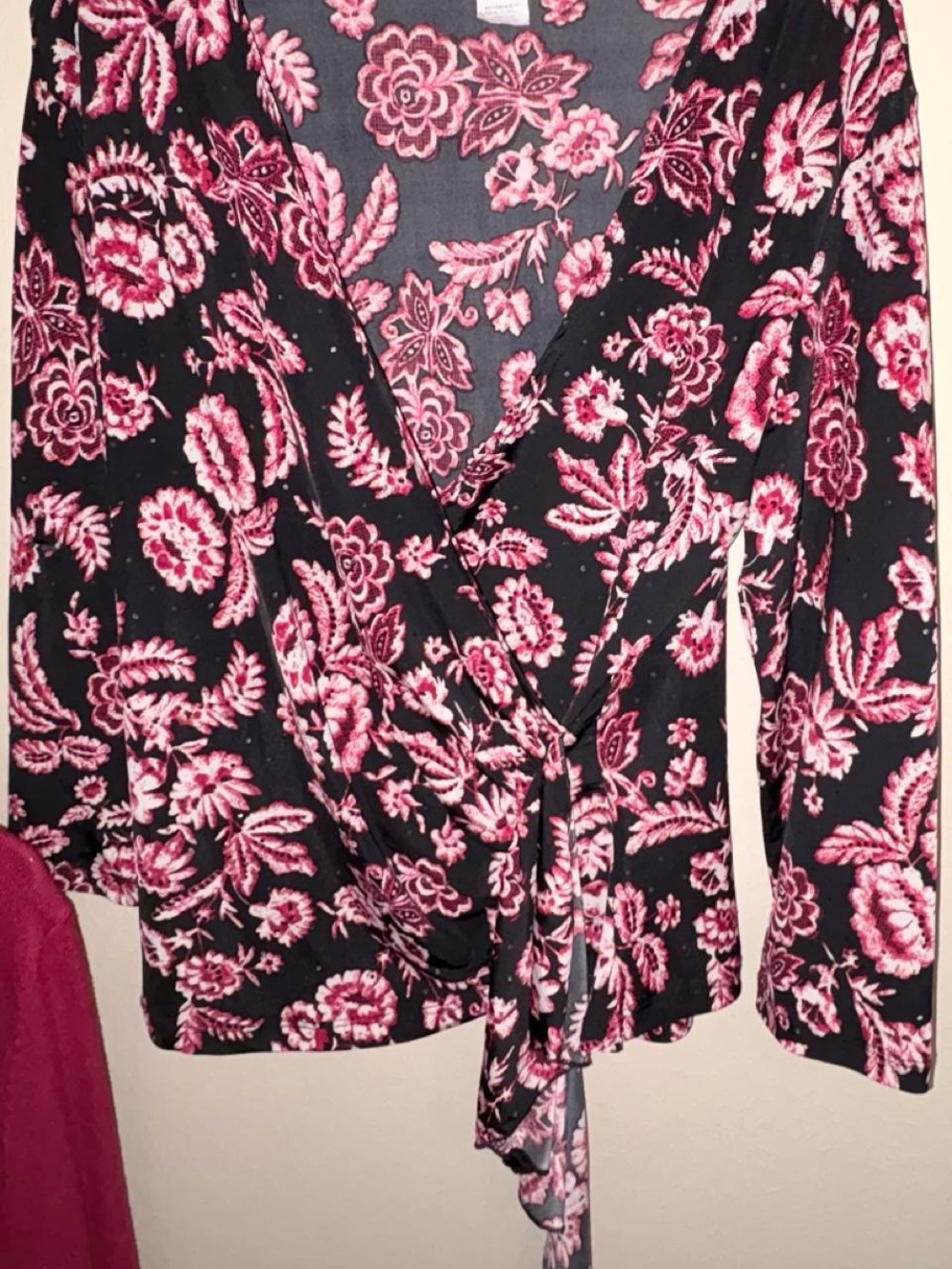 Brittany Black Black Wrap Top with Pink Floral Pattern